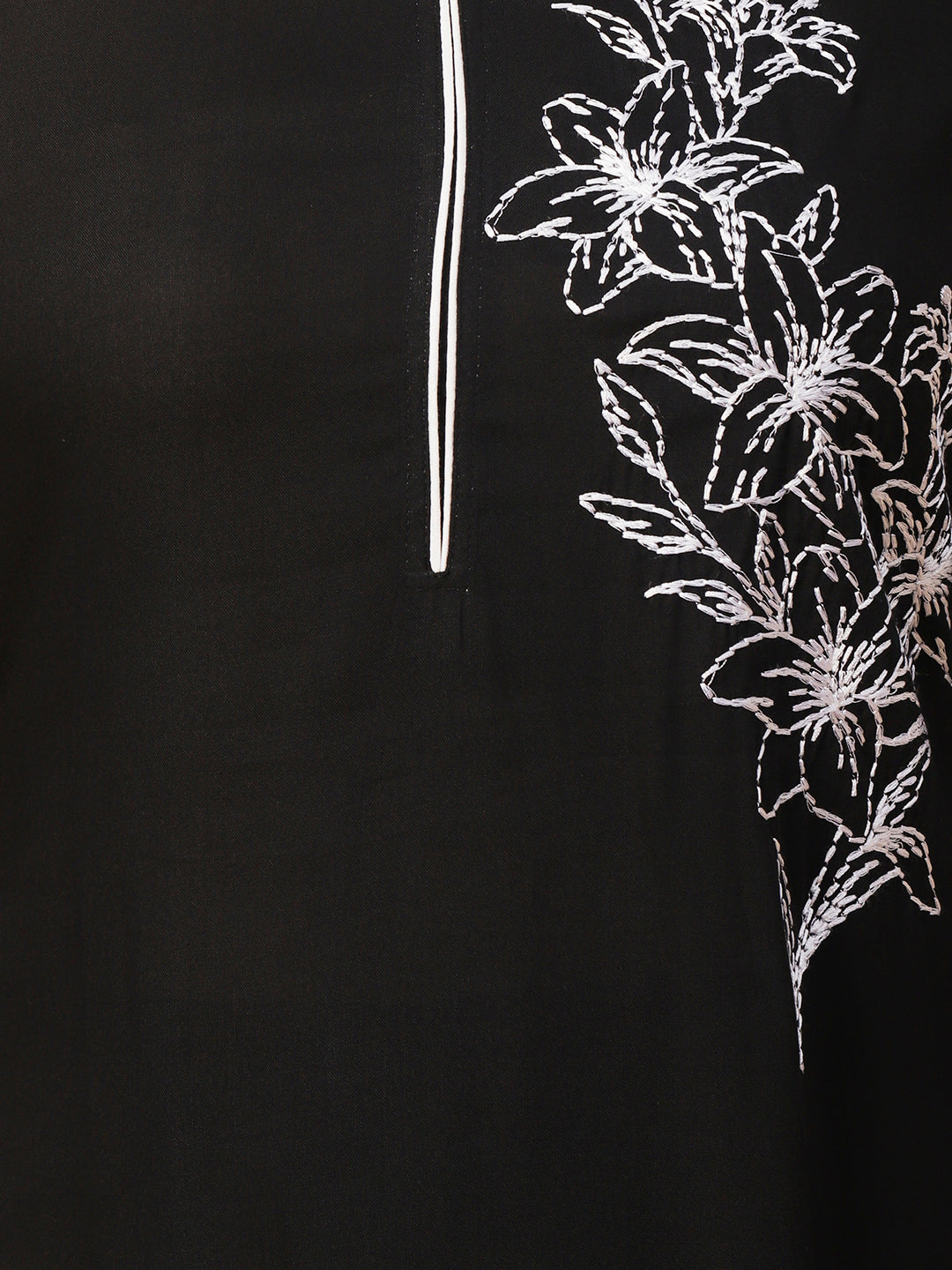 Solid Resham Embroidered Crochet Lace Work Kurta With Pants - Black