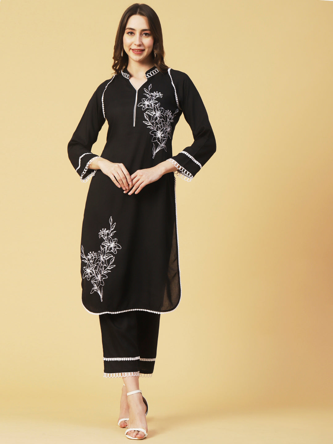 Solid Resham Embroidered Crochet Lace Work Kurta With Pants - Black