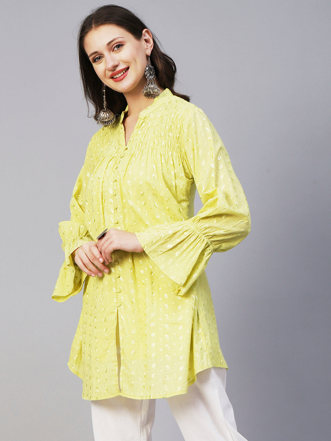 Solid Resham Embroidered Bell Sleeves Smocked Short Kurta - Yellow