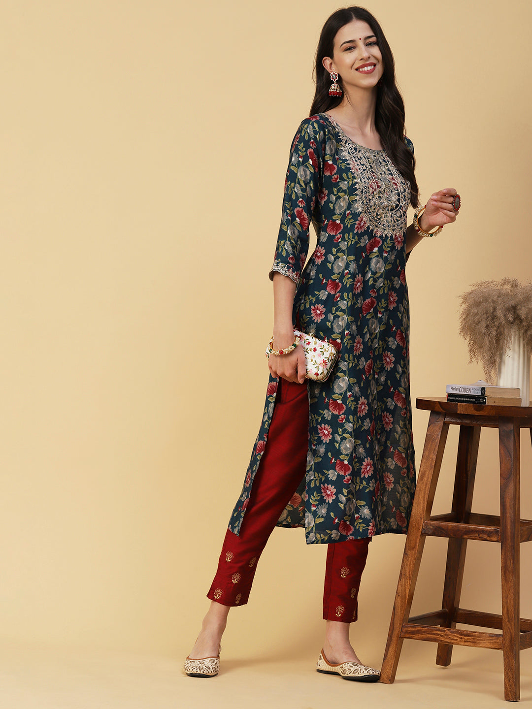 Floral Printed Mirror, Zari & Sequins Embroidered Kurta - Teal