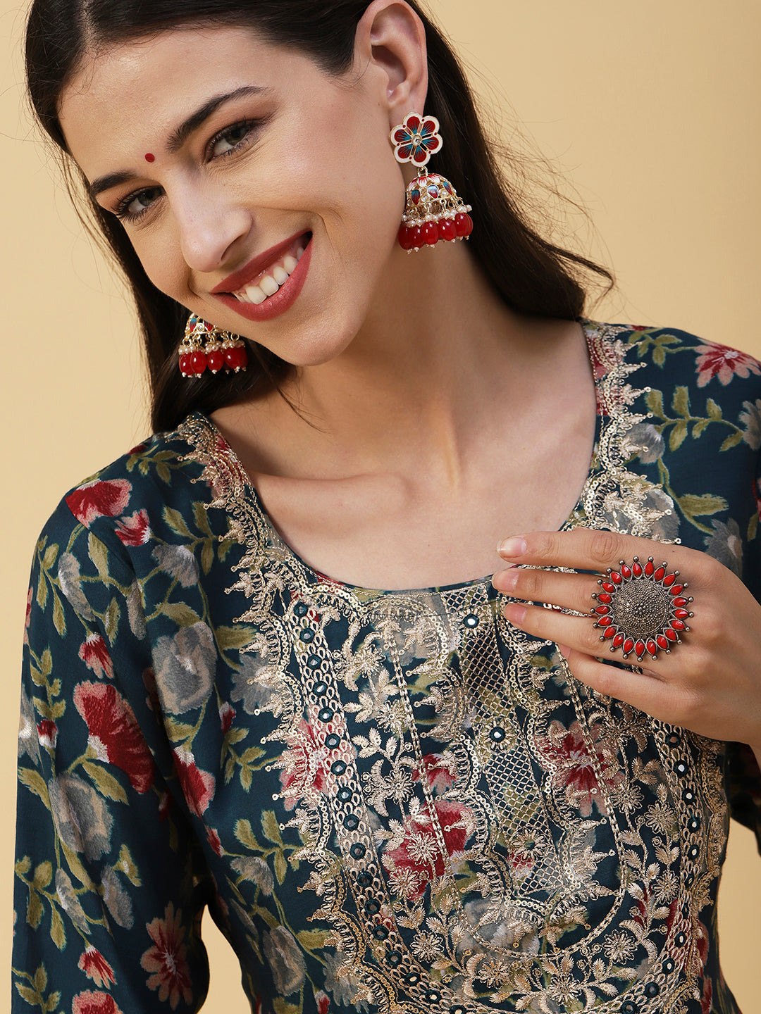 Floral Printed Mirror, Zari & Sequins Embroidered Kurta - Teal