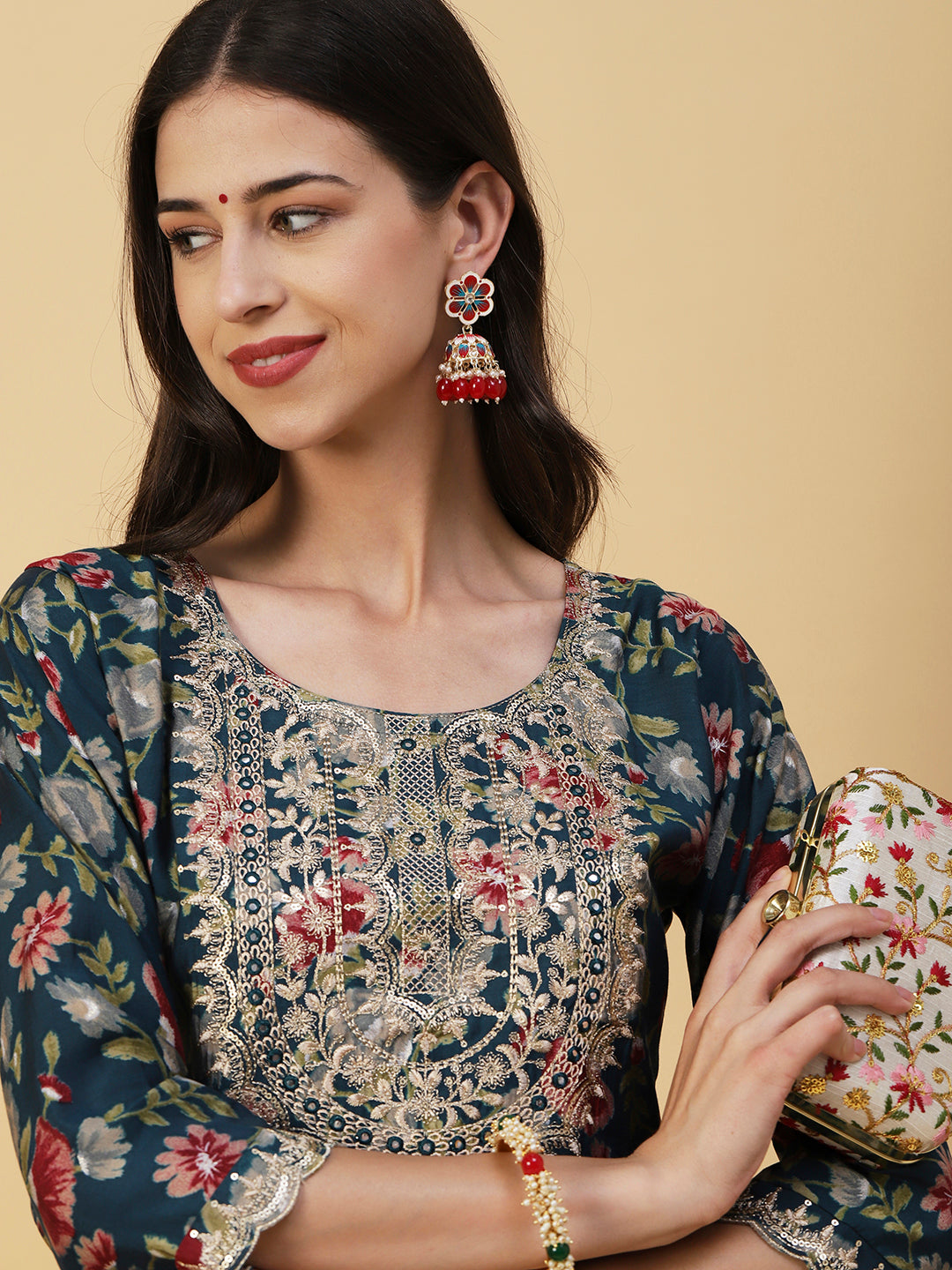 Floral Printed Mirror, Zari & Sequins Embroidered Kurta - Teal