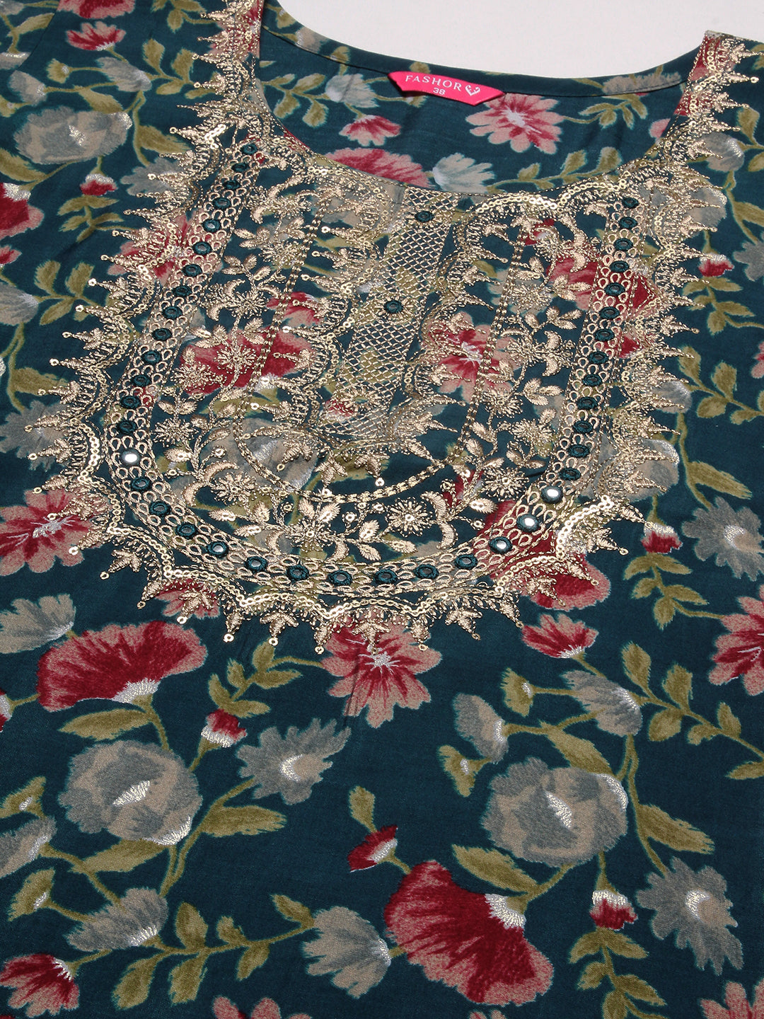 Floral Printed Mirror, Zari & Sequins Embroidered Kurta - Teal
