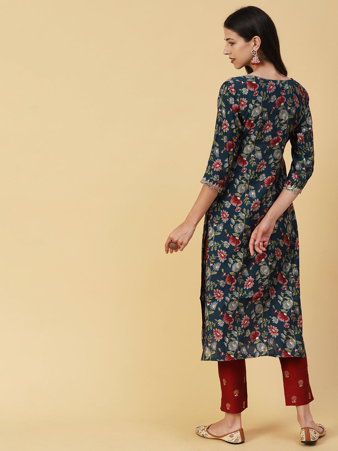Floral Printed Mirror, Zari & Sequins Embroidered Kurta - Teal