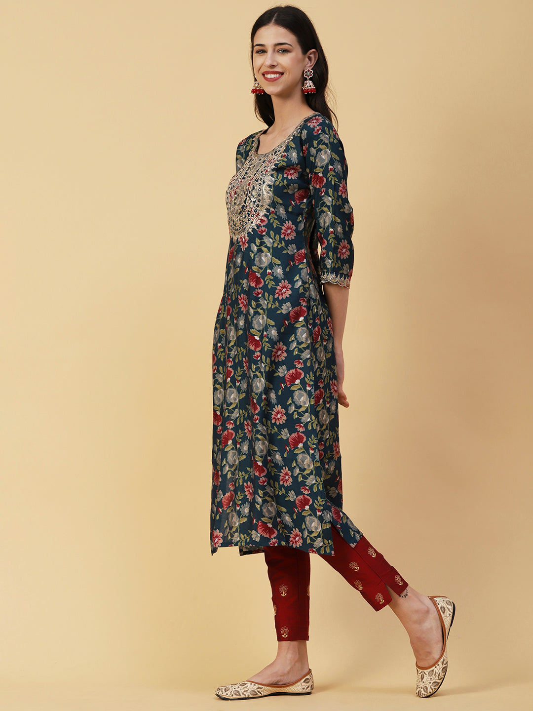 Floral Printed Mirror, Zari & Sequins Embroidered Kurta - Teal