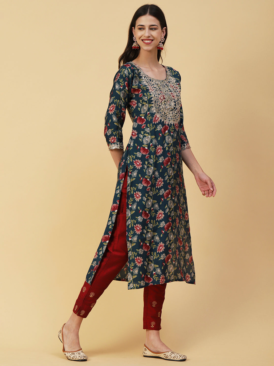 Floral Printed Mirror, Zari & Sequins Embroidered Kurta - Teal