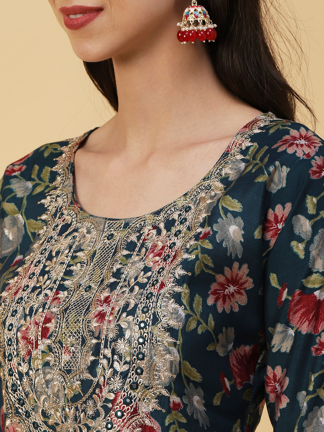 Floral Printed Mirror, Zari & Sequins Embroidered Kurta - Teal