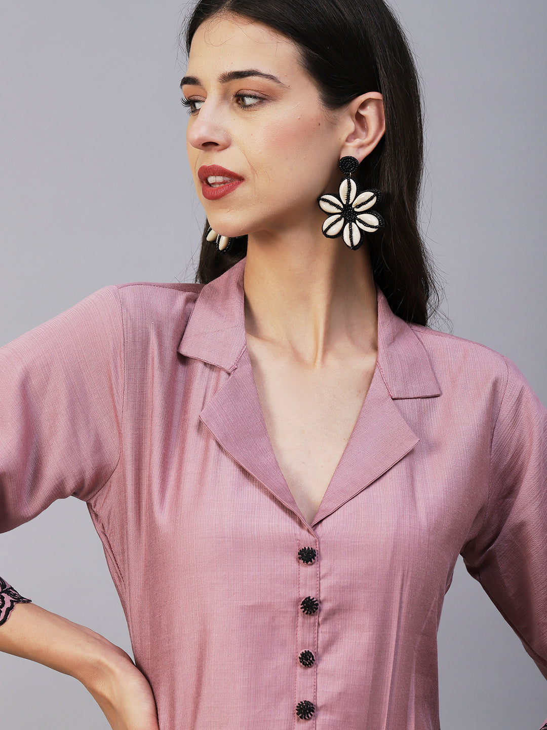 Solid Floral Embroidered Straight Fit Co-ord Set - Lavender