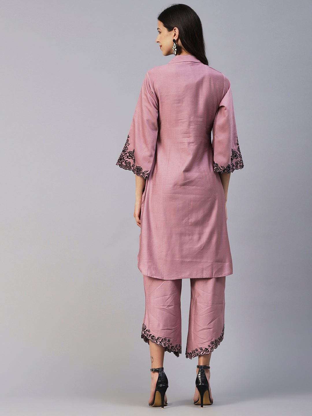 Solid Floral Embroidered Straight Fit Co-ord Set - Lavender