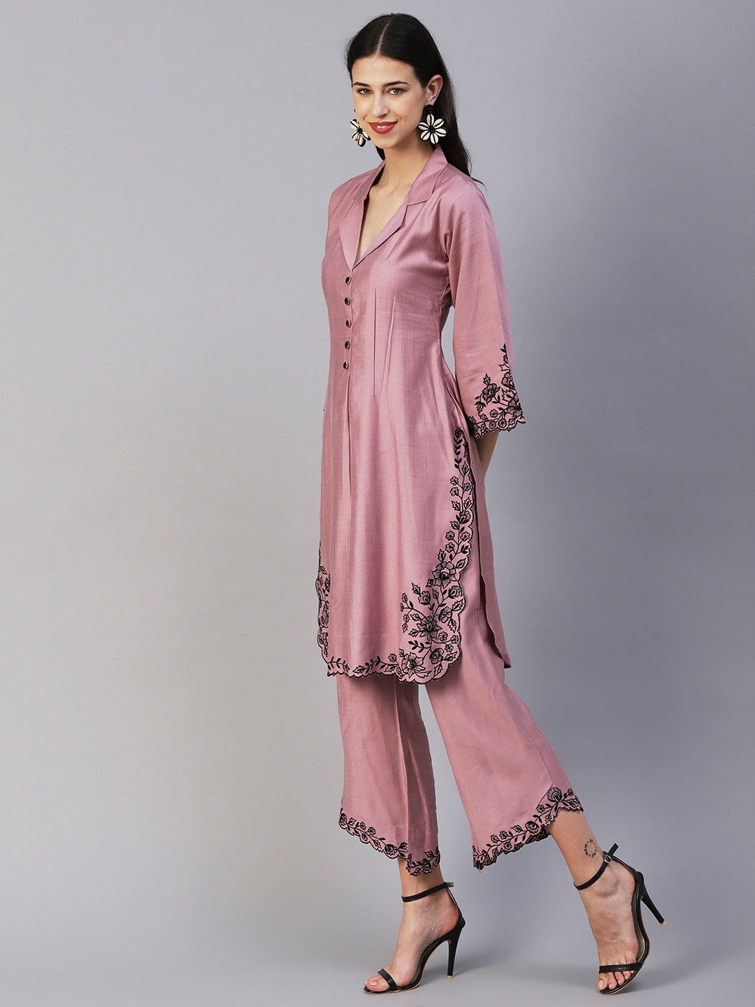 Solid Floral Embroidered Straight Fit Co-ord Set - Lavender