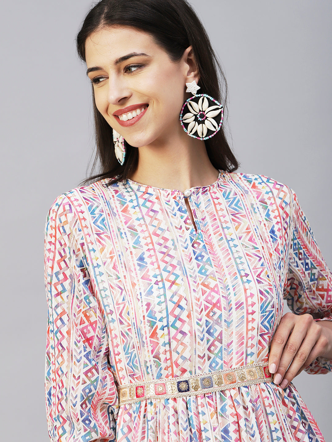 Abstract & Geometric Printed Gathered Maxi Dress With Zari Embroidered Waist Belt - Multi