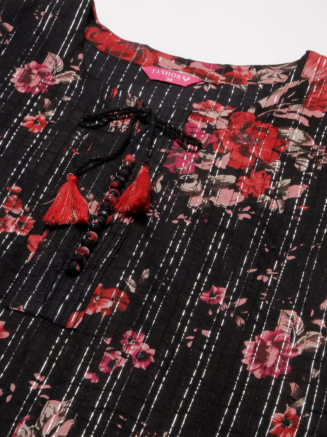 Floral Printed Woven Lurex Striped Pin-Tucks kurta - Black