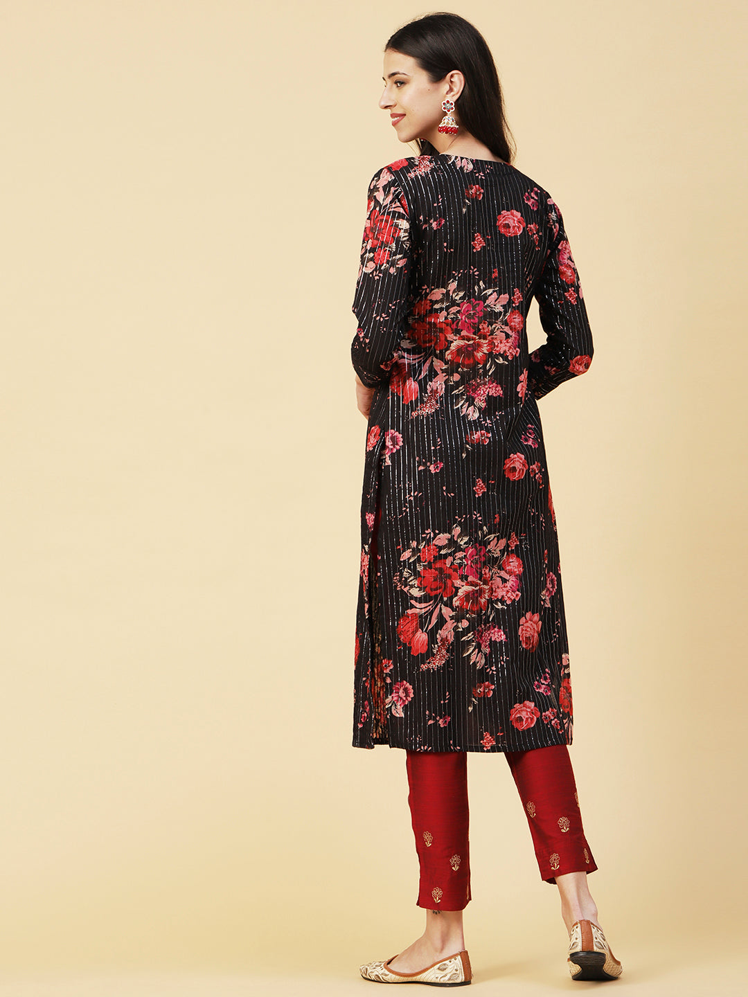 Floral Printed Woven Lurex Striped Pin-Tucks kurta - Black