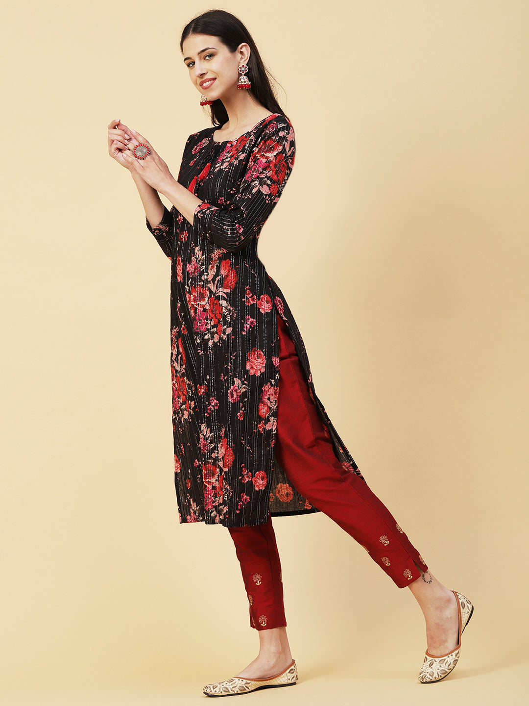 Floral Printed Woven Lurex Striped Pin-Tucks kurta - Black