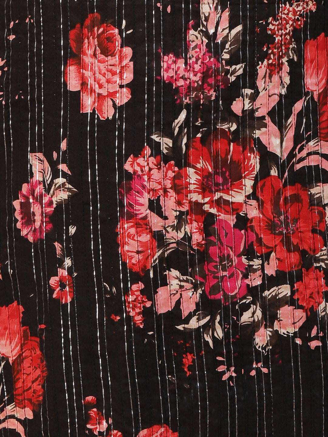 Floral Printed Woven Lurex Striped Pin-Tucks kurta - Black