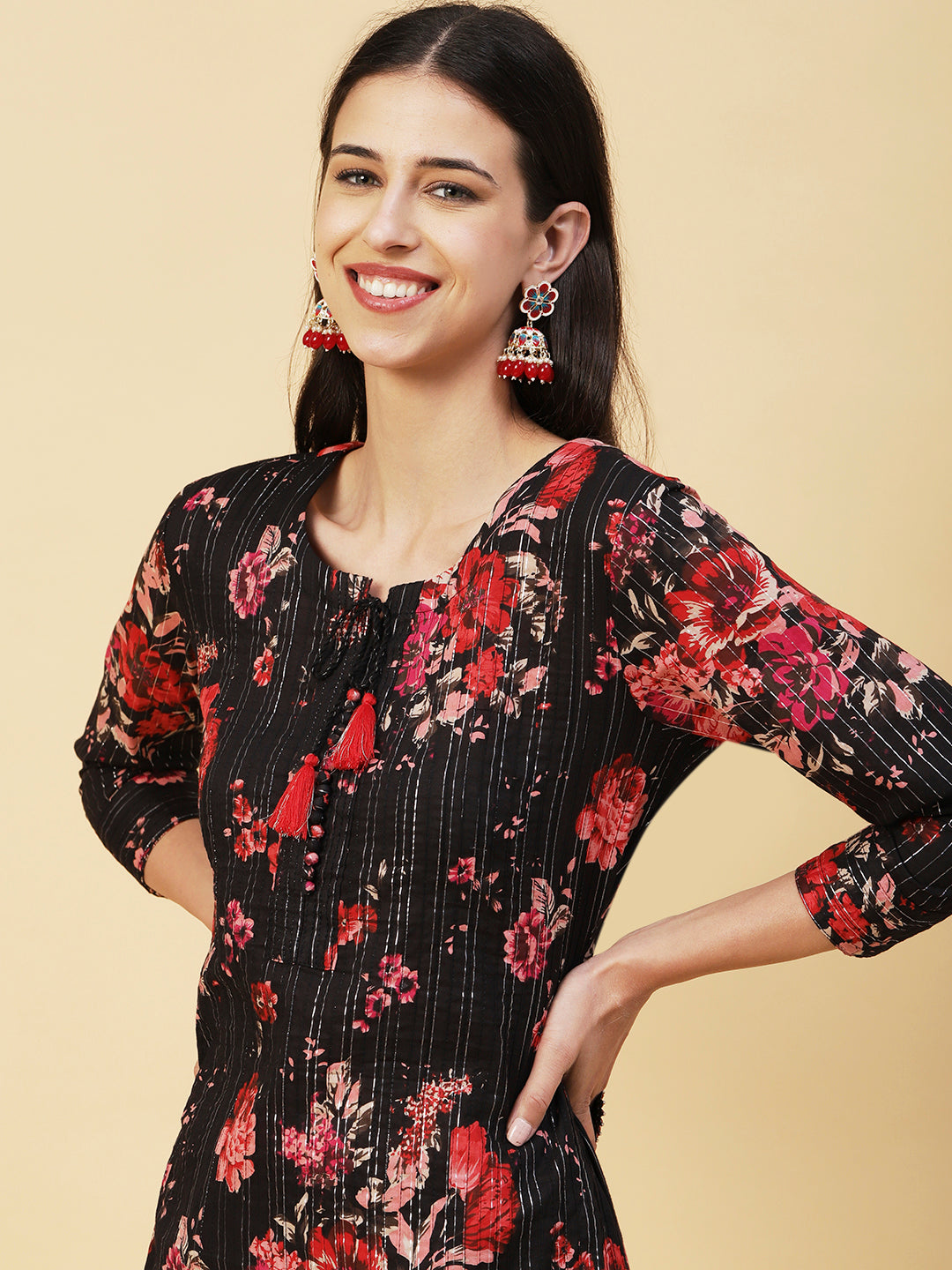 Floral Printed Woven Lurex Striped Pin-Tucks kurta - Black