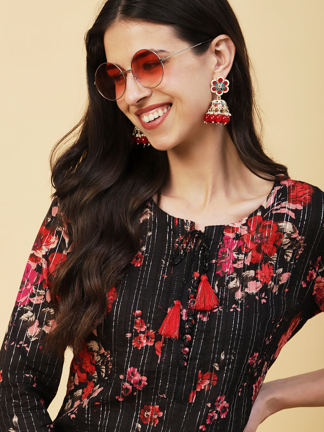 Floral Printed Woven Lurex Striped Pin-Tucks kurta - Black