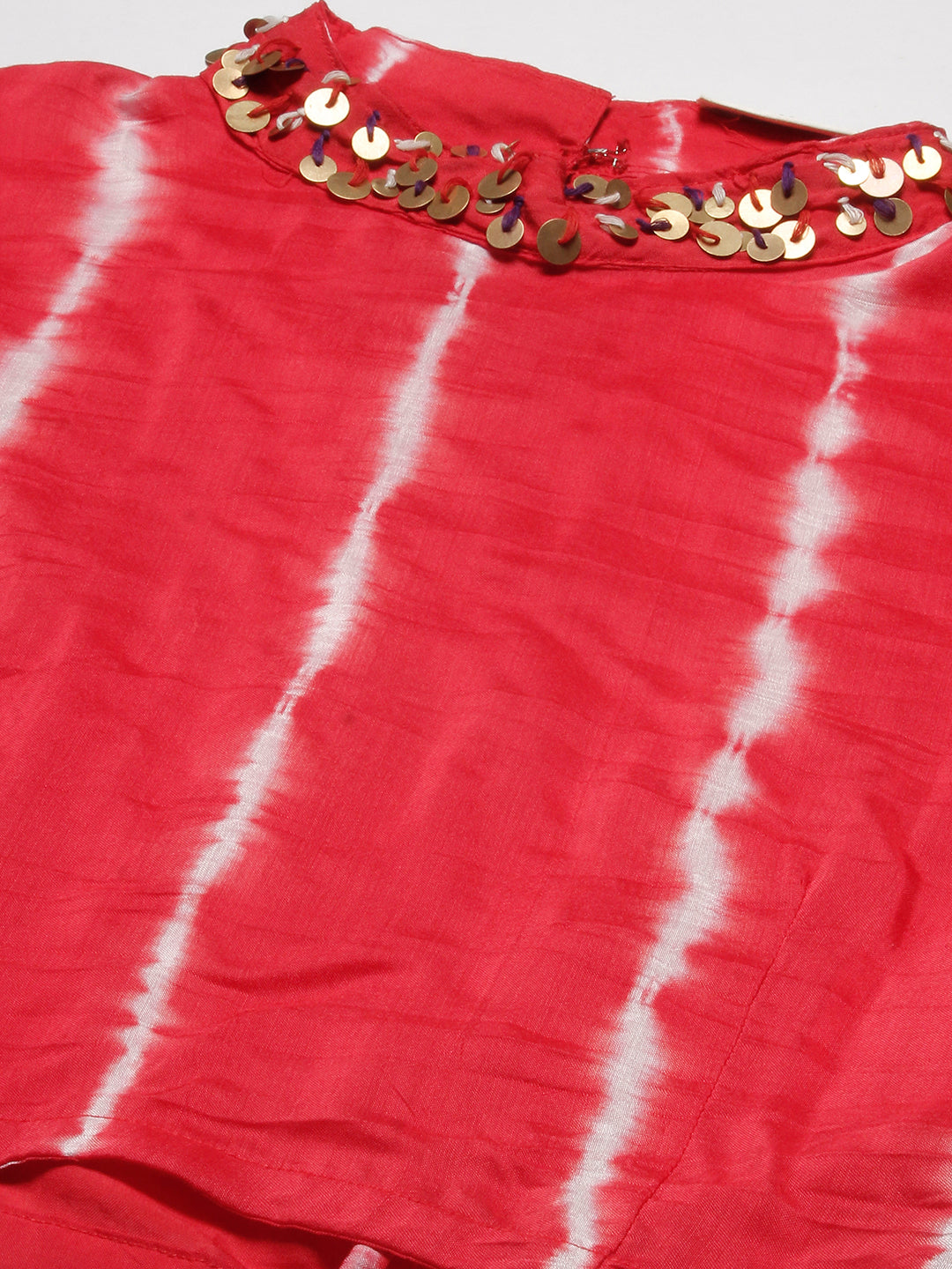 Tie - Dyed Paneled Asymmetric Fit & Flare Maxi Dress with Crop Top - Red