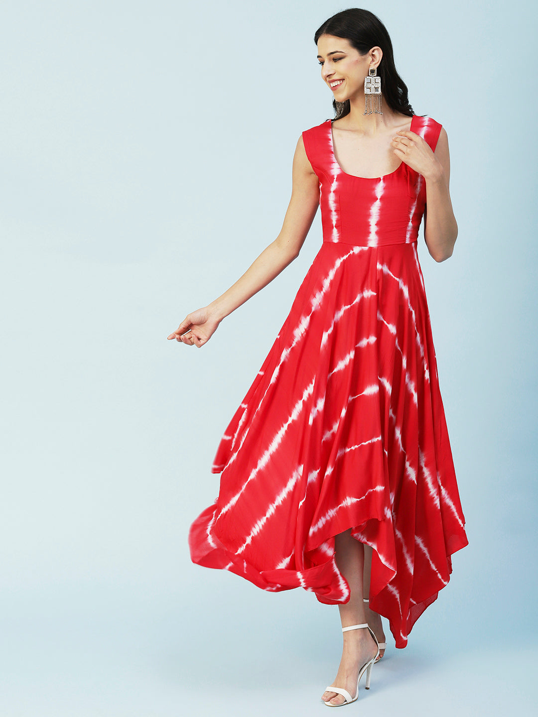 Tie - Dyed Paneled Asymmetric Fit & Flare Maxi Dress with Crop Top - Red