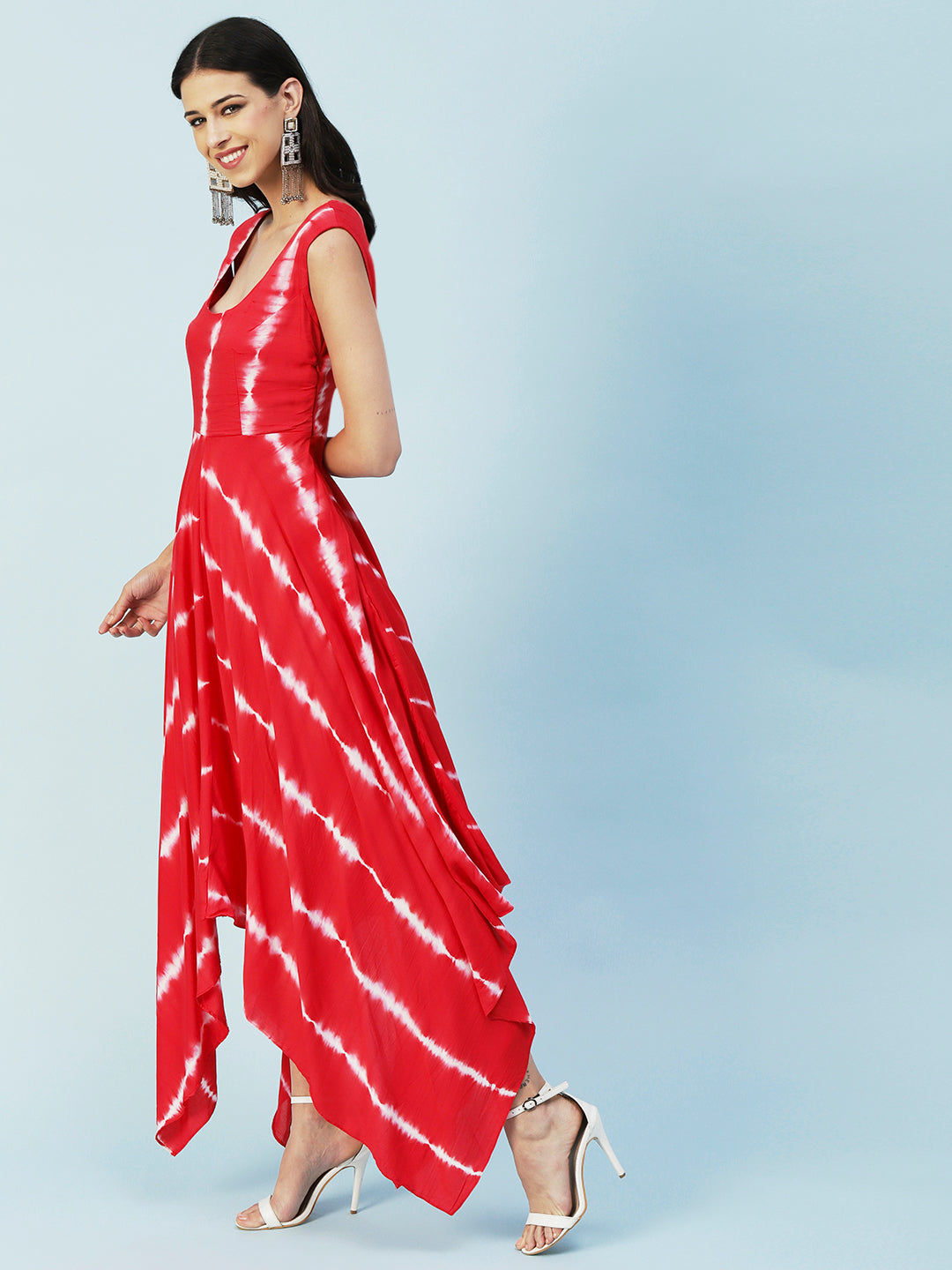 Tie - Dyed Paneled Asymmetric Fit & Flare Maxi Dress with Crop Top - Red