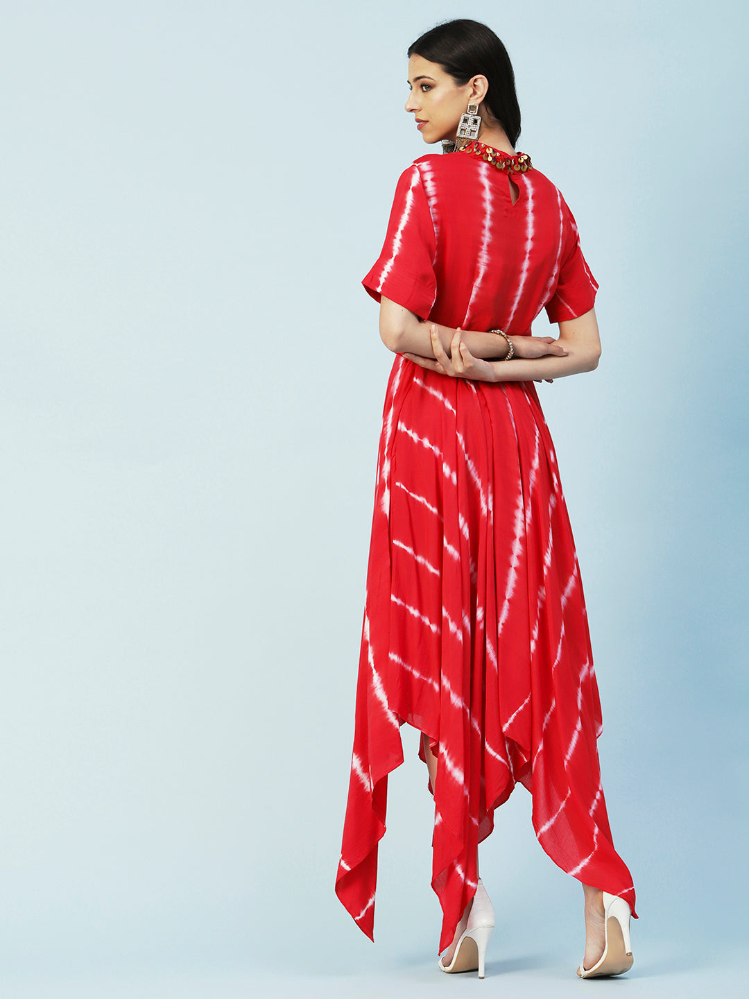 Tie - Dyed Paneled Asymmetric Fit & Flare Maxi Dress with Crop Top - Red