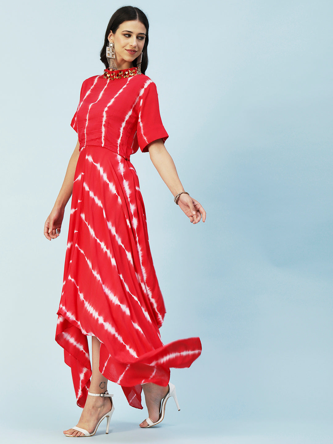 Tie - Dyed Paneled Asymmetric Fit & Flare Maxi Dress with Crop Top - Red