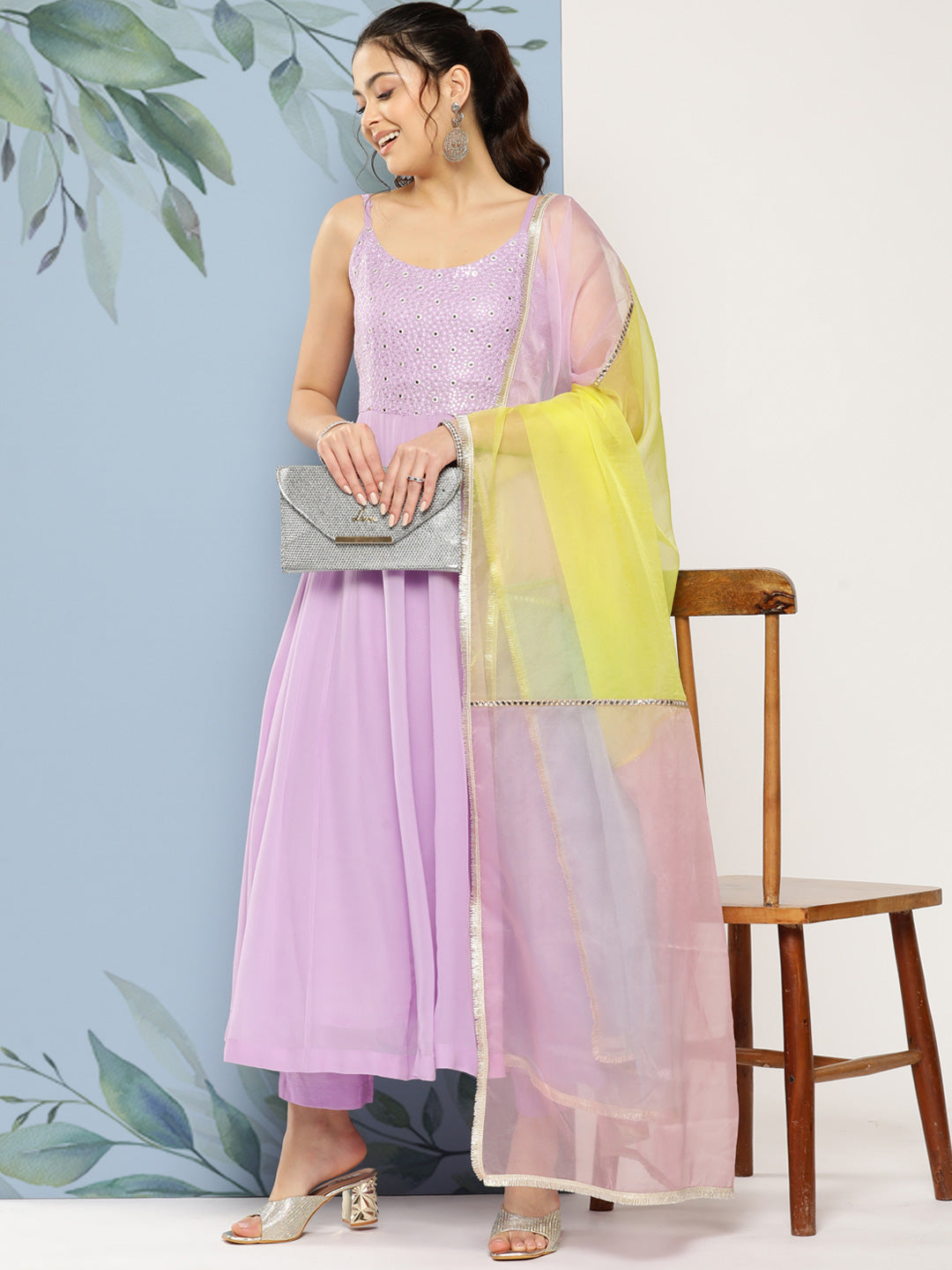 Solid Embroidered Anarkali Kurta with Pant & Colorblocked Dupatta - Lavender