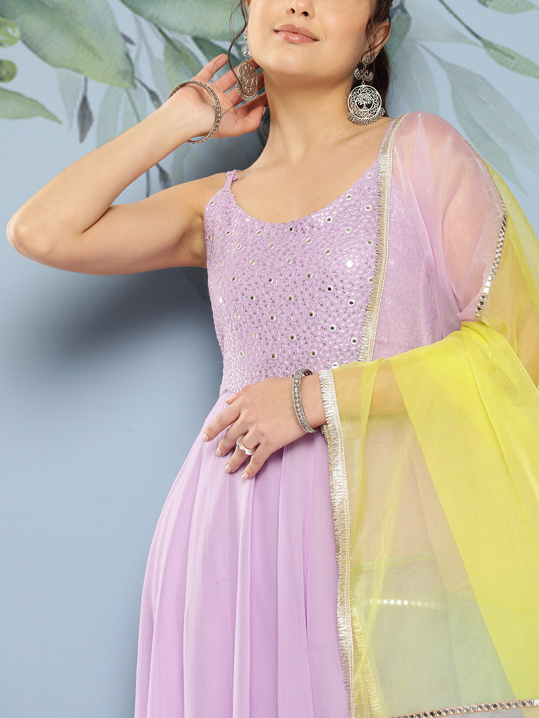 Solid Embroidered Anarkali Kurta with Pant & Colorblocked Dupatta - Lavender