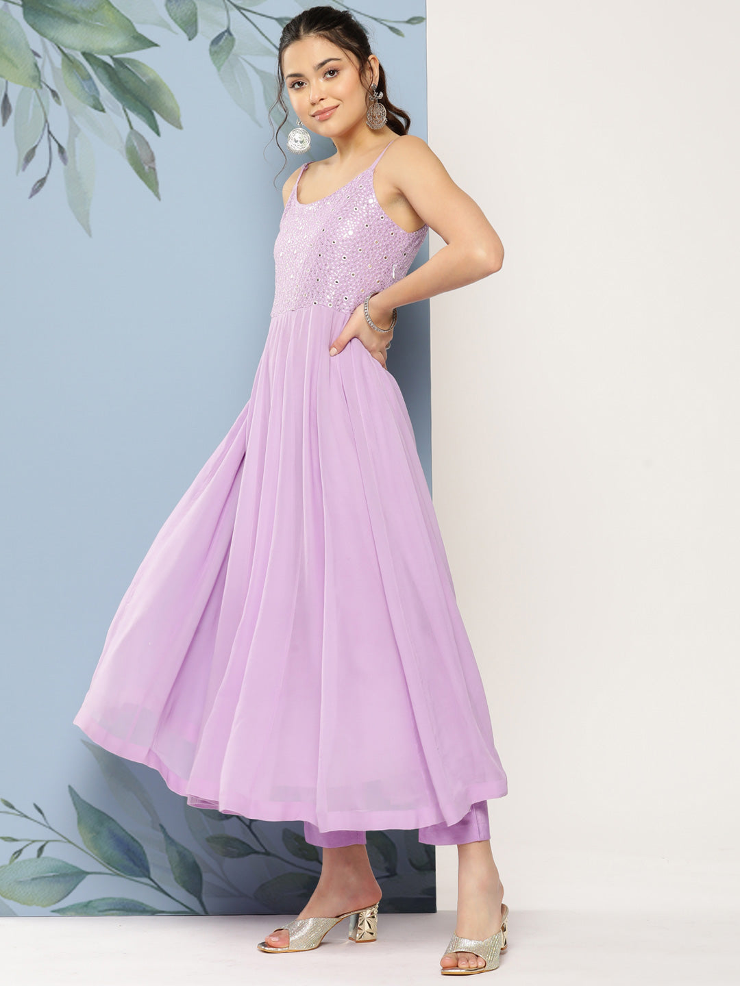 Solid Embroidered Anarkali Kurta with Pant & Colorblocked Dupatta - Lavender