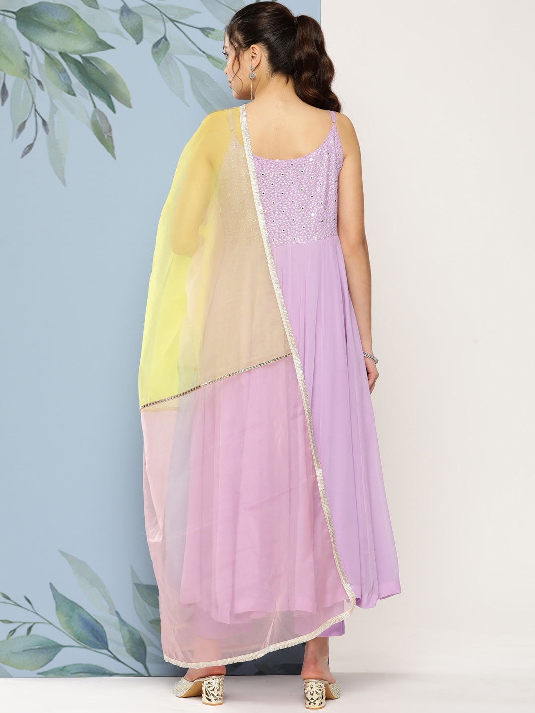 Solid Embroidered Anarkali Kurta with Pant & Colorblocked Dupatta - Lavender