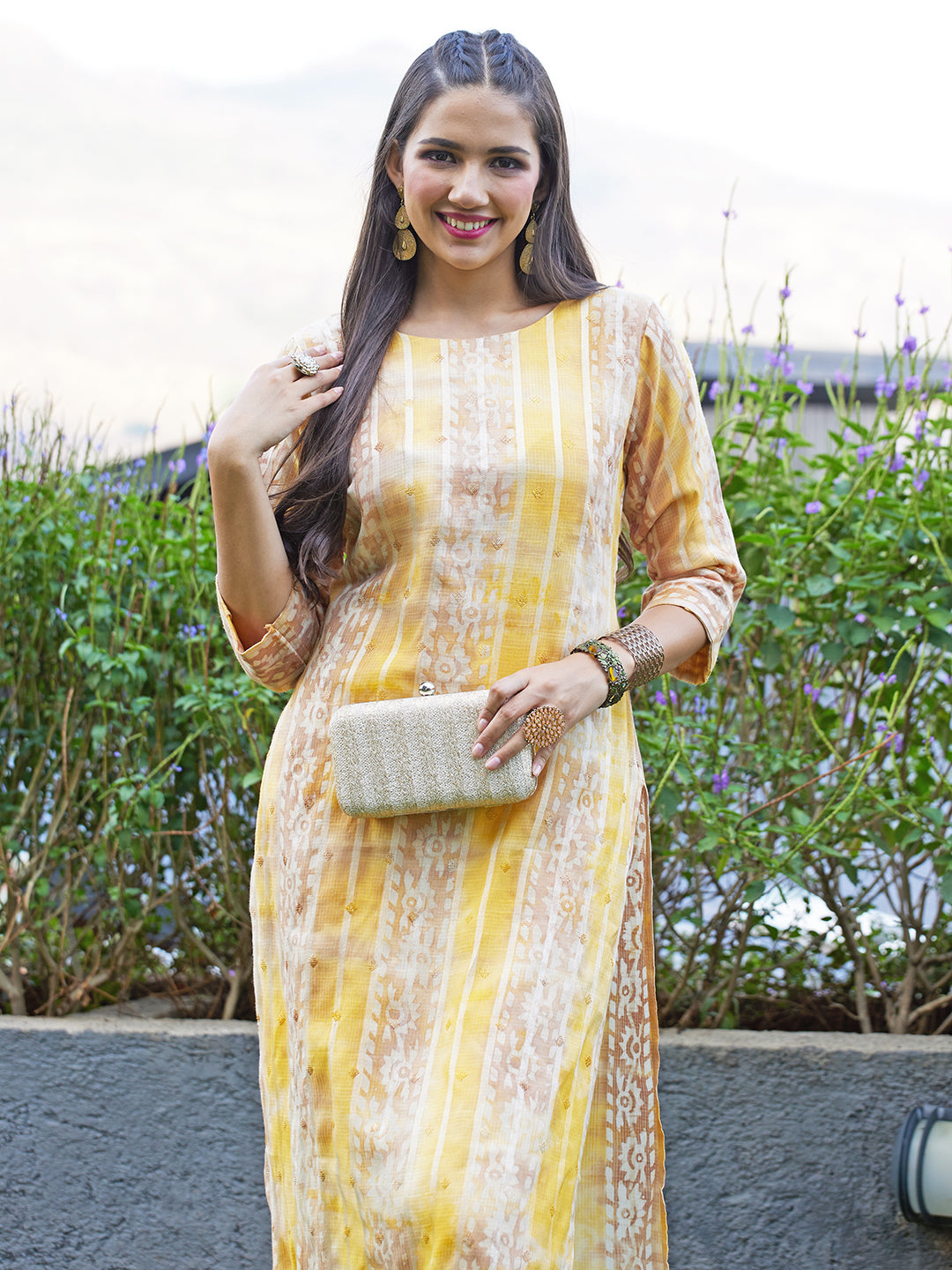 Ethnic Stripes Printed & Embroidered Straight Fit Kurta - Multi