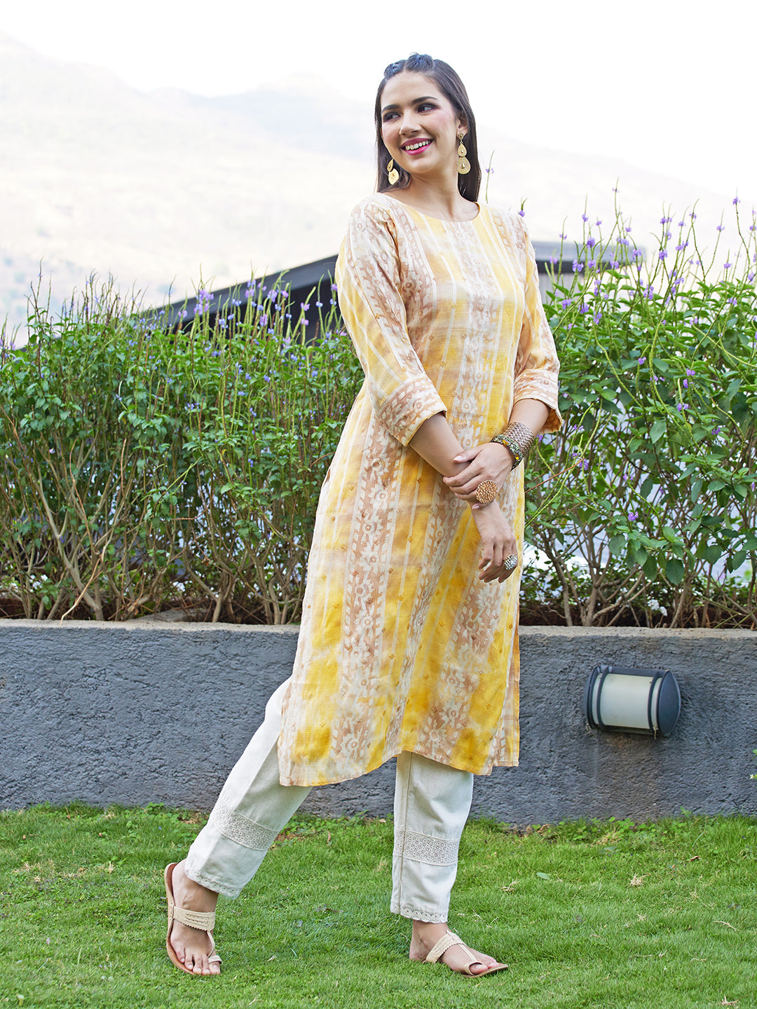Ethnic Stripes Printed & Embroidered Straight Fit Kurta - Multi