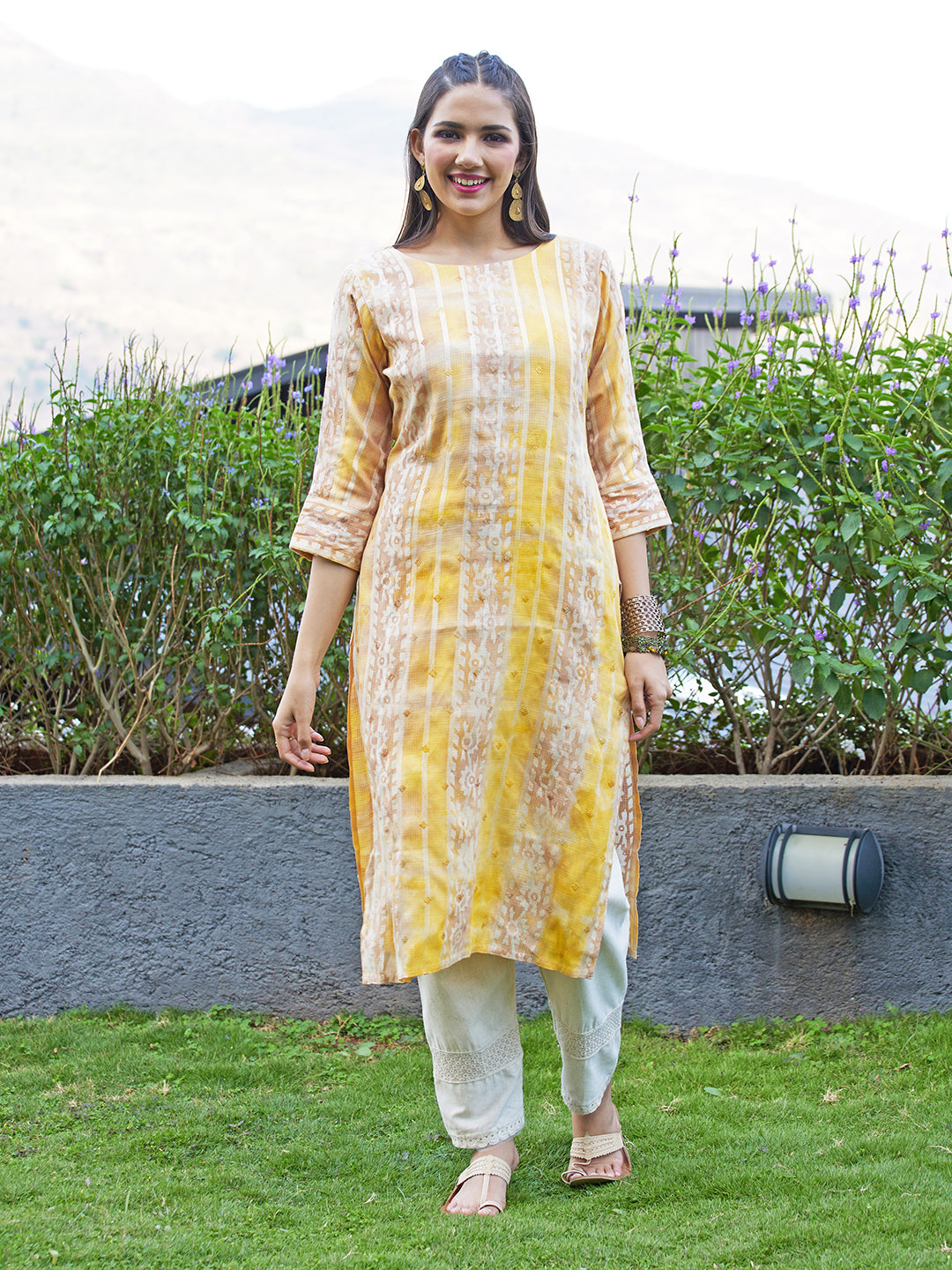 Ethnic Stripes Printed & Embroidered Straight Fit Kurta - Multi