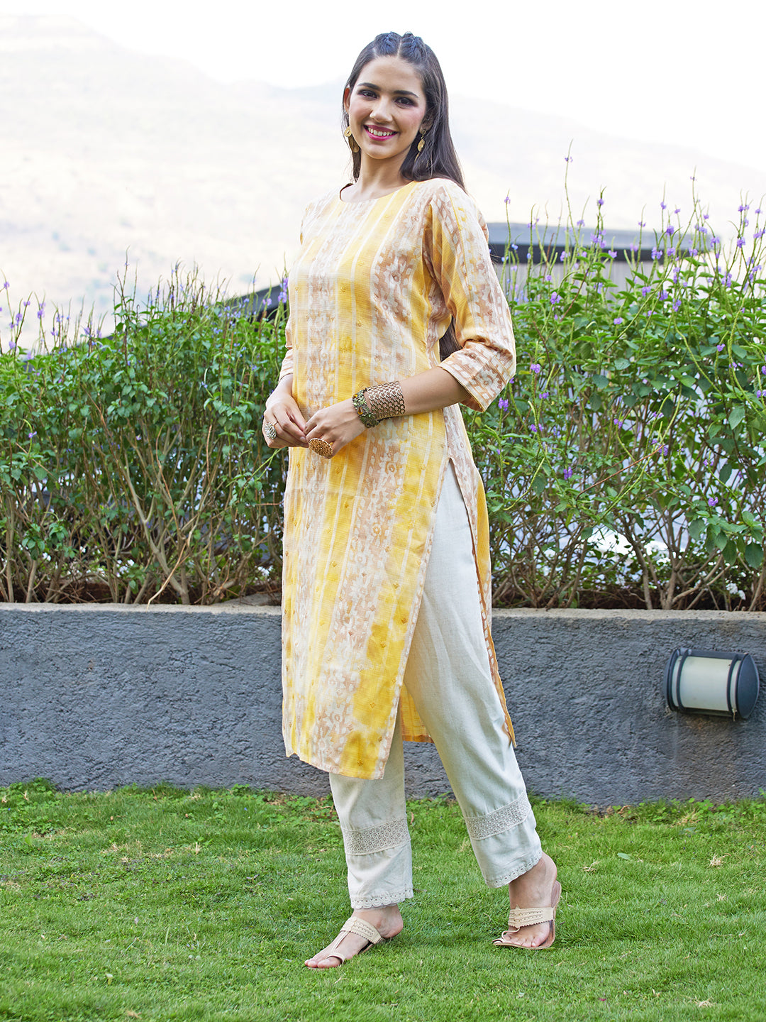 Ethnic Stripes Printed & Embroidered Straight Fit Kurta - Multi