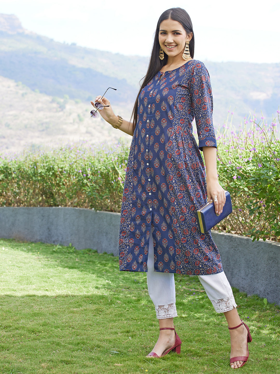 Ethnic Printed A-Line Midi Dress - Blue FASHOR Ethnic Printed A-Line Midi Dress - Blue FASHOR