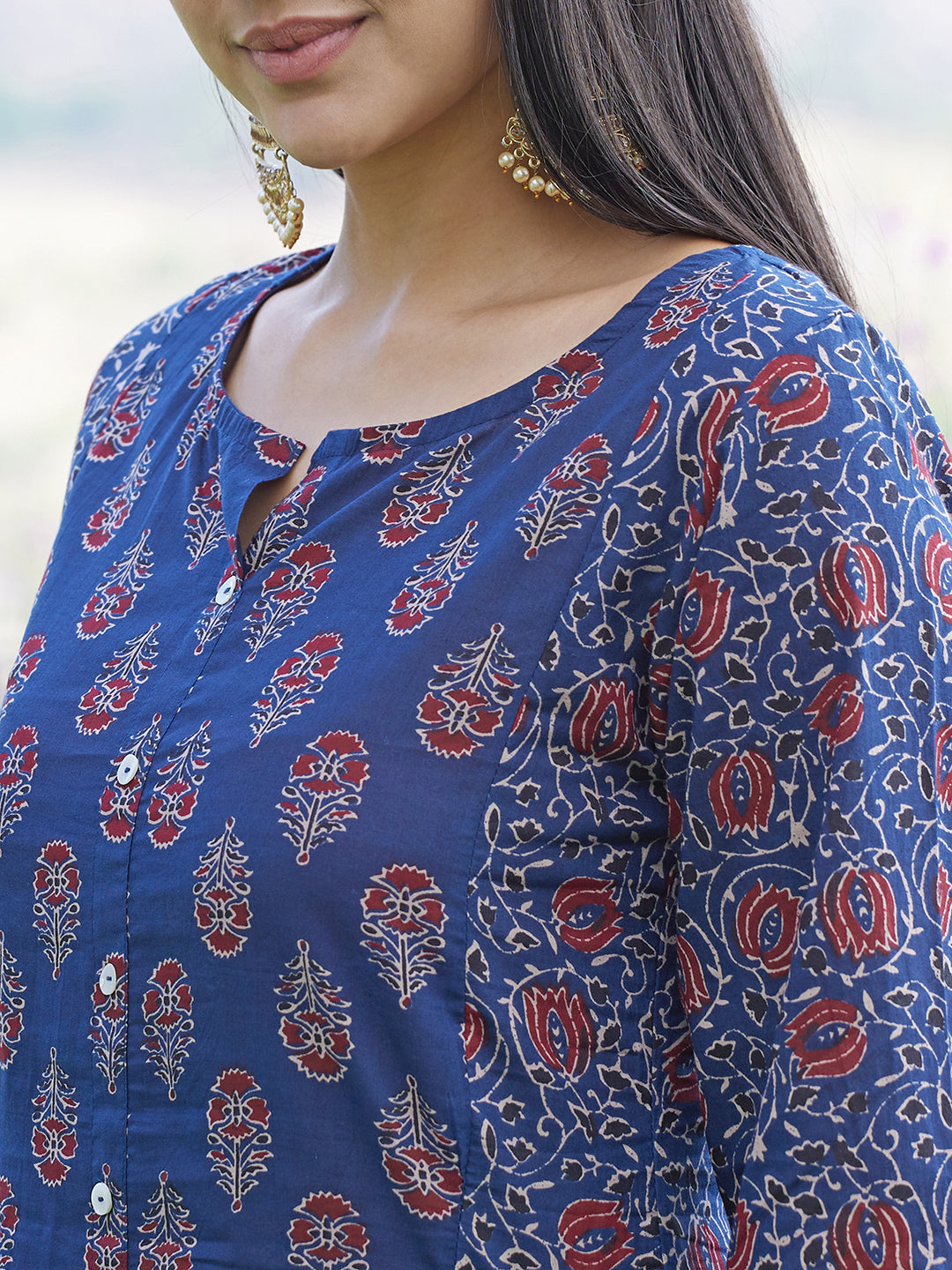 Ethnic Printed A-Line Midi Dress - Blue