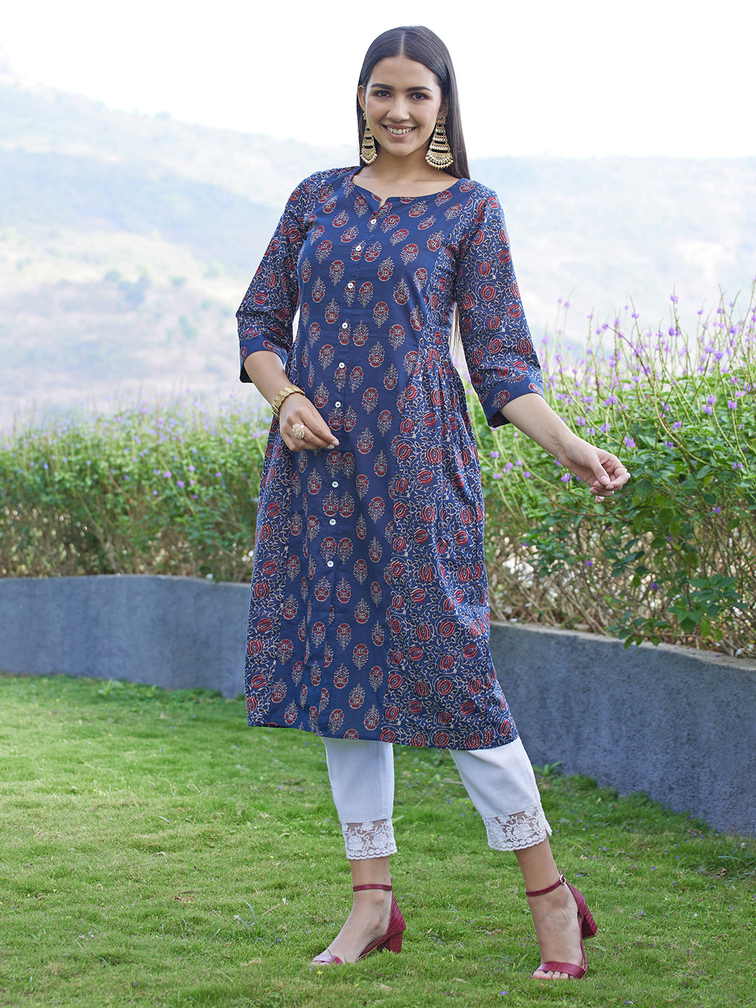 Ethnic Printed A-Line Midi Dress - Blue