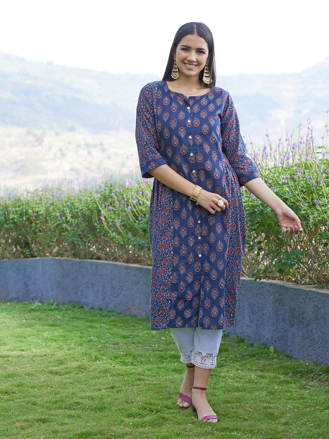 Ethnic Printed A-Line Midi Dress - Blue
