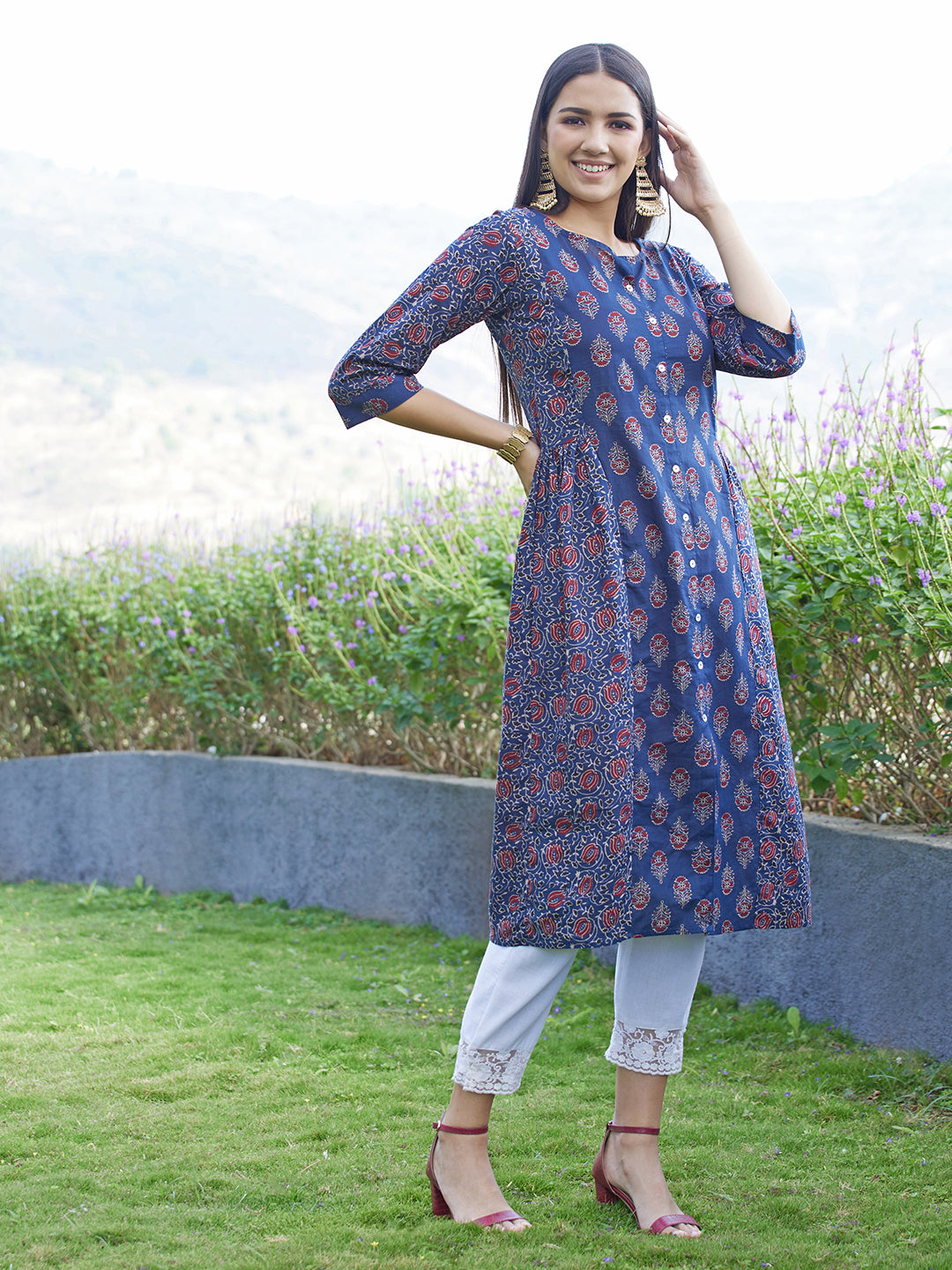 Ethnic Printed A-Line Midi Dress - Blue