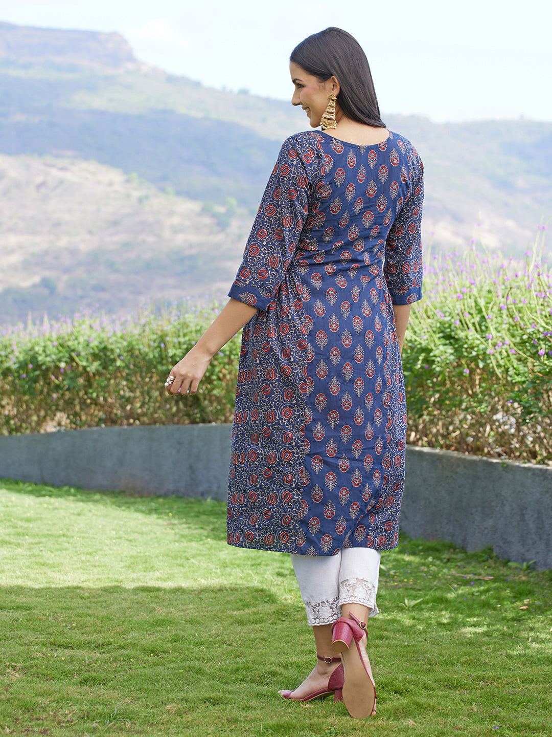 Ethnic Printed A-Line Midi Dress - Blue