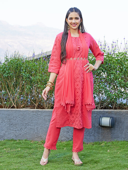 Floral Embroidered Straight Kurta with Pants & Dupatta - Coral Pink