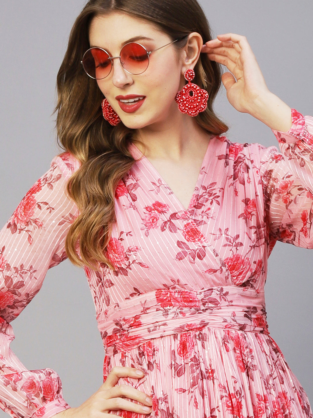 Floral Printed Sequins & Resham Striped Pleated Maxi Dress - Pink