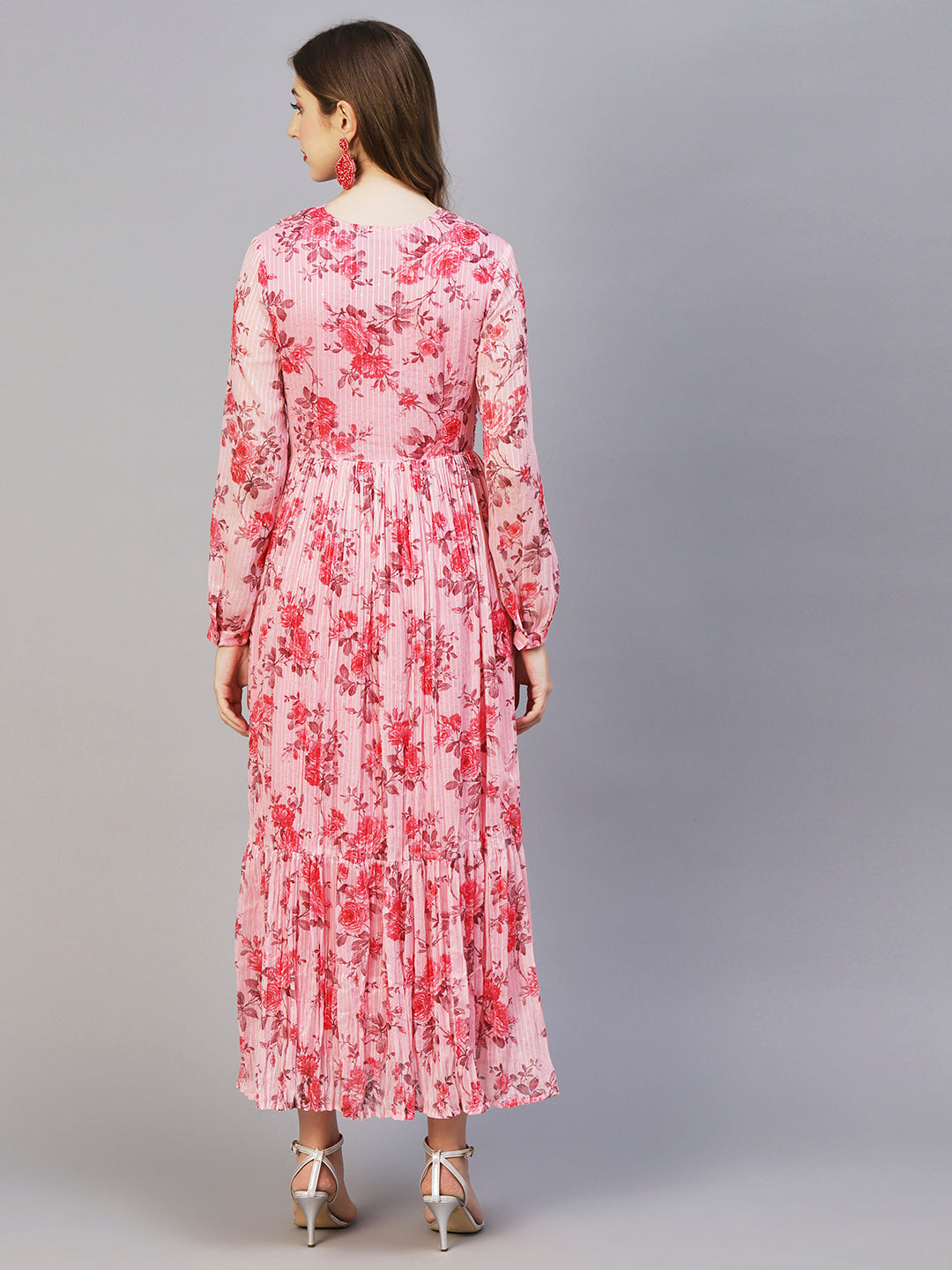 Floral Printed Sequins & Resham Striped Pleated Maxi Dress - Pink
