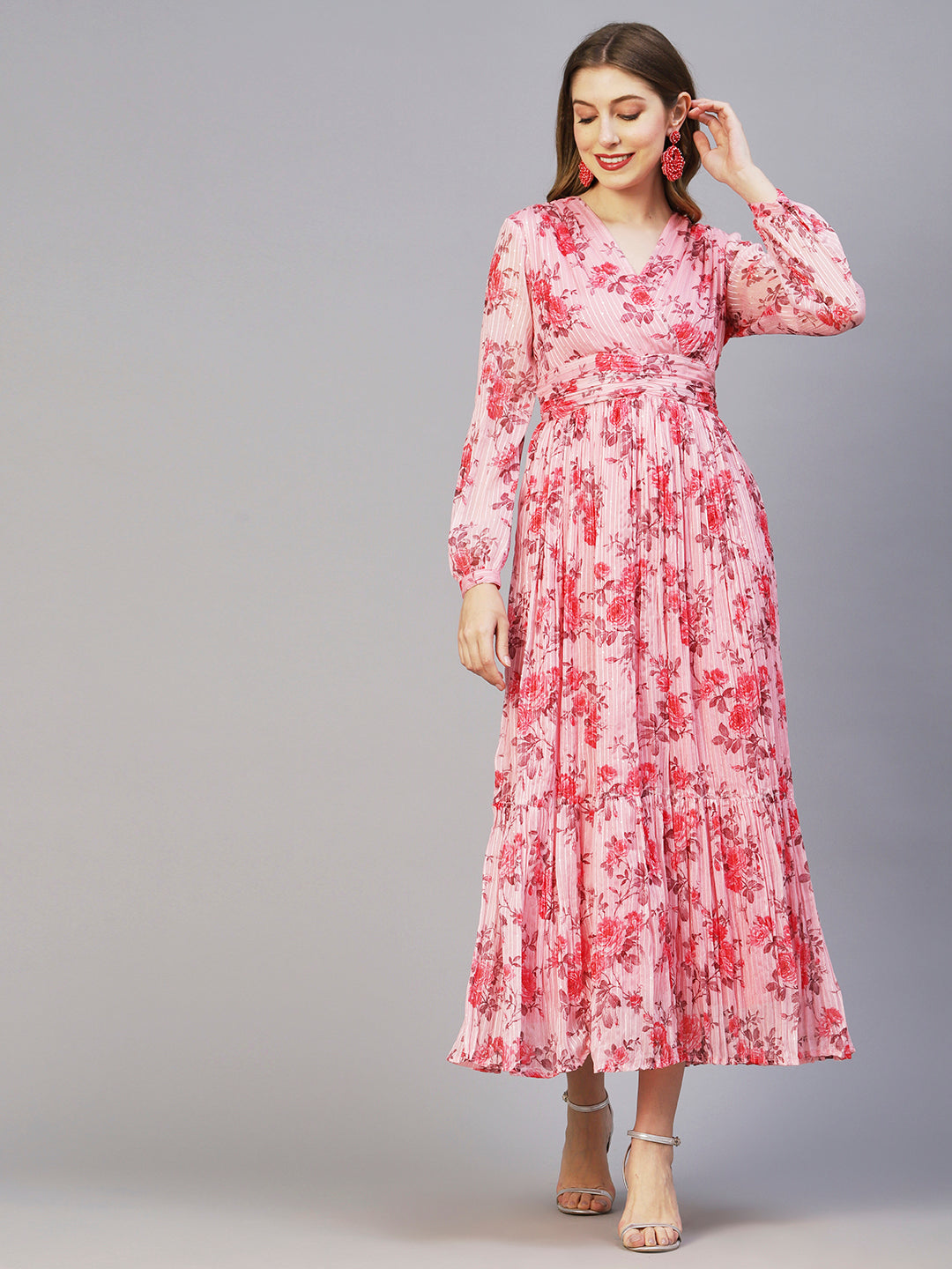 Floral Printed Sequins & Resham Striped Pleated Maxi Dress - Pink