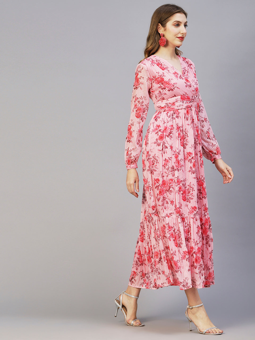 Floral Printed Sequins & Resham Striped Pleated Maxi Dress - Pink