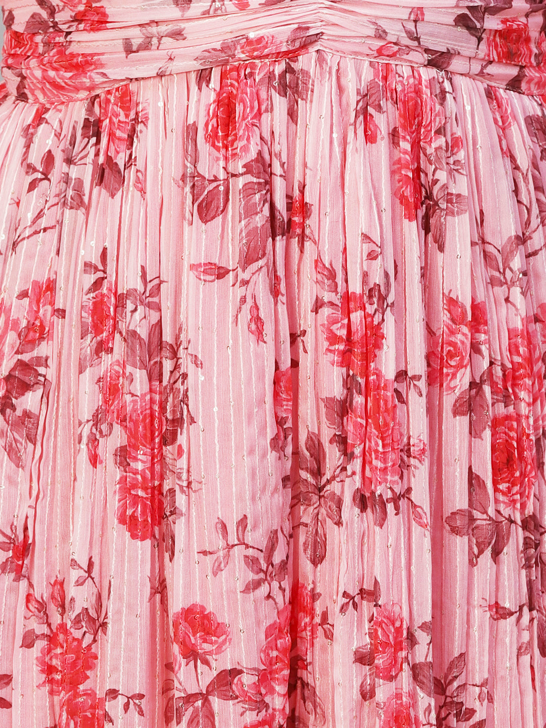 Floral Printed Sequins & Resham Striped Pleated Maxi Dress - Pink