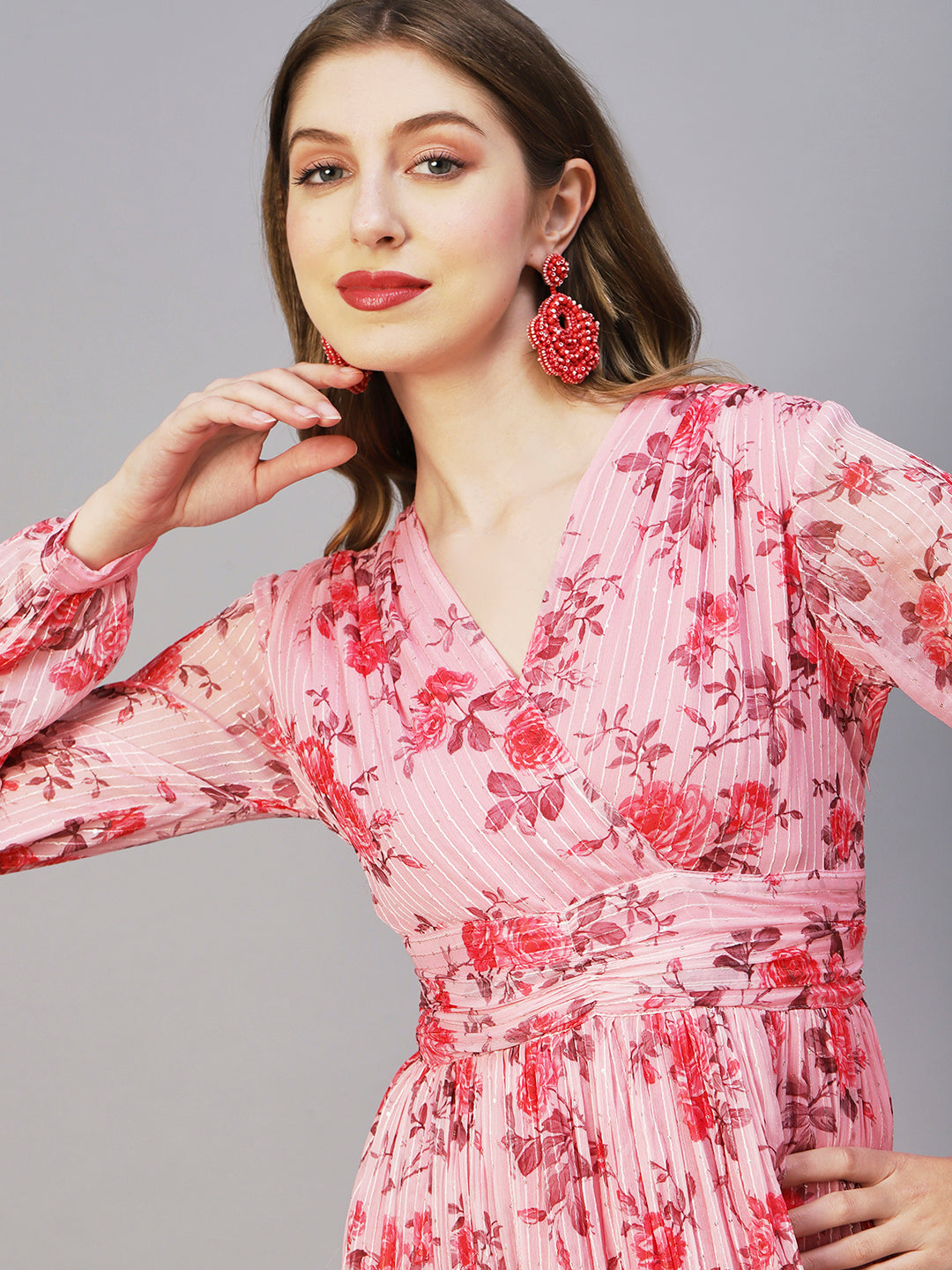 Floral Printed Sequins & Resham Striped Pleated Maxi Dress - Pink