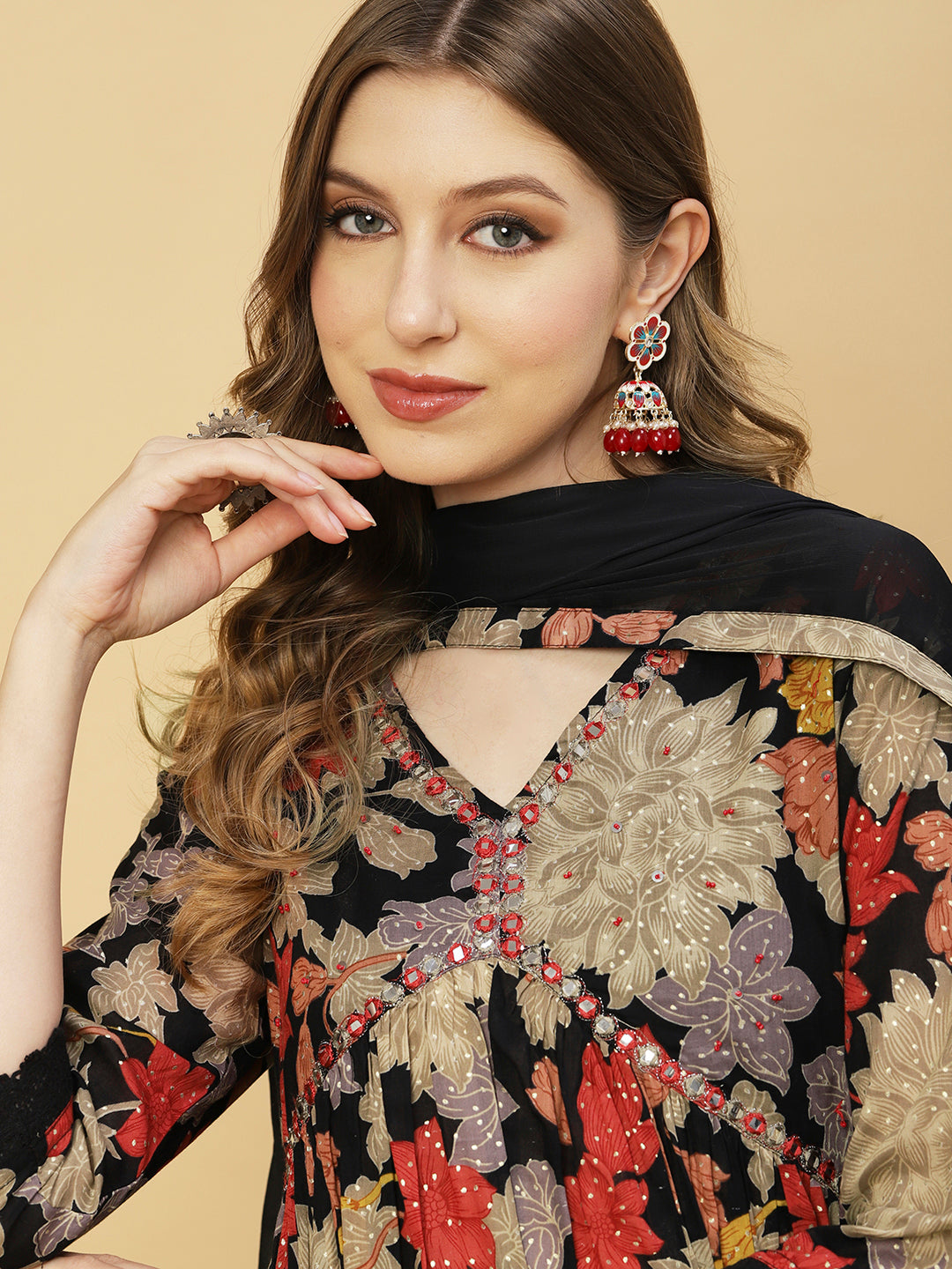 Floral Printed Mirror Embroidered Flared Kurta With Pants & Dupatta - Black