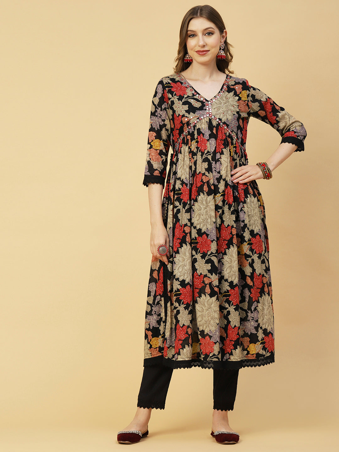 Floral Printed Mirror Embroidered Flared Kurta With Pants & Dupatta - Black