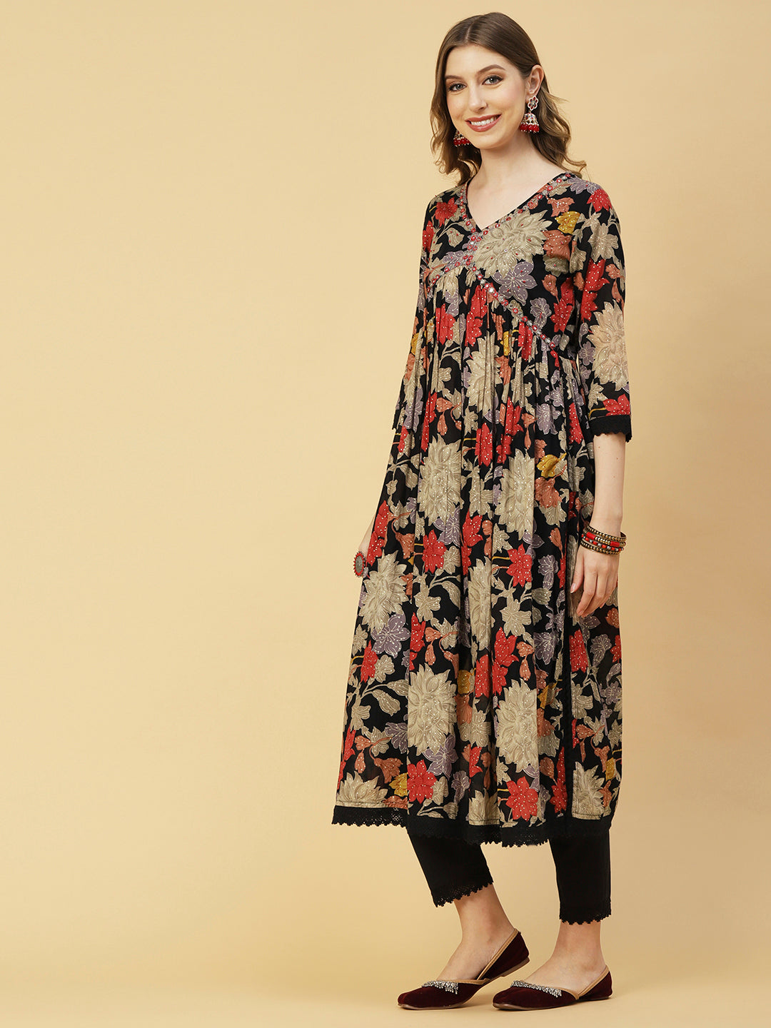 Floral Printed Mirror Embroidered Flared Kurta With Pants & Dupatta - Black